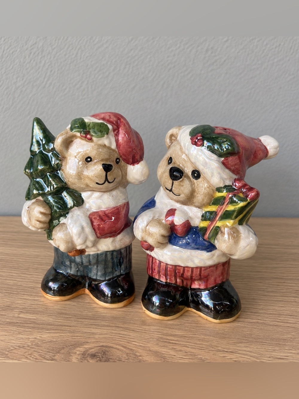 Vintage Christmas Bears with Trees Presents Salt and Pepper Shakers